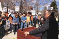 AFL-CIO leader Danny Thompson speaks to protesters who gathered Wednesday outside the Capitol i ...