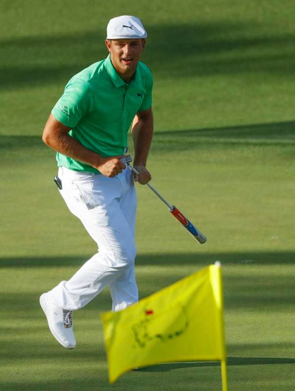 Bryson DeChambeau rects after missing a putt on the 15th hole during the first round for the Ma ...