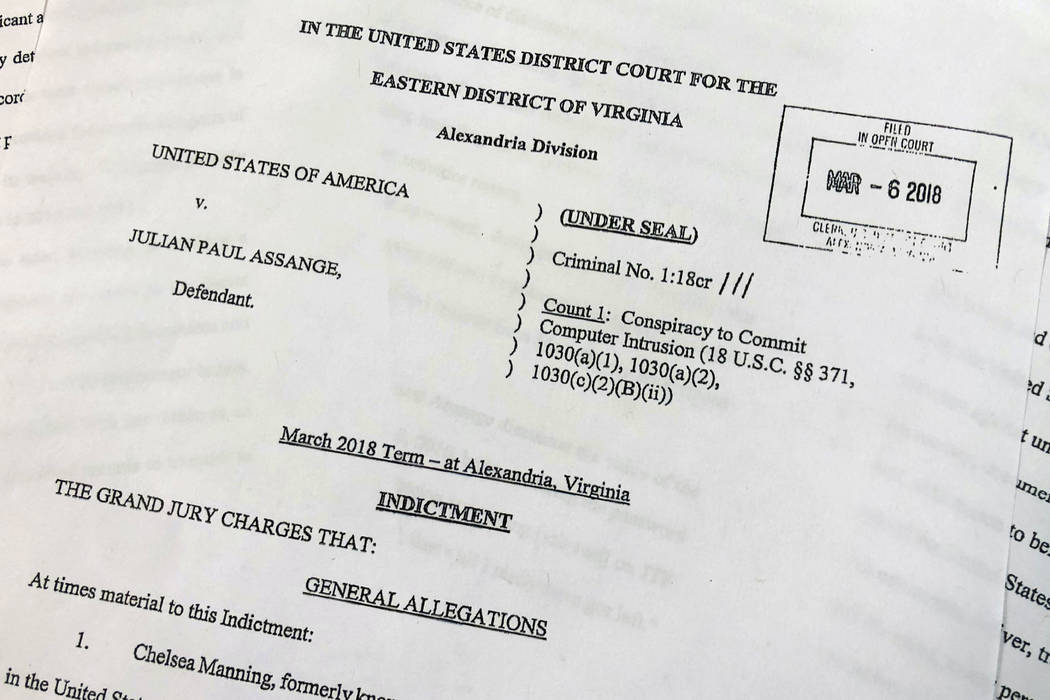 The Grand Jury Indictment against Julian Assange, released by the U.S. Department of Justice, T ...