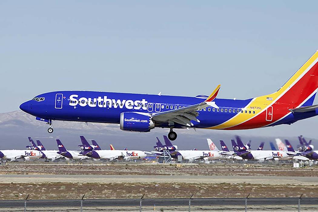 A Southwest Airlines Boeing 737 Max aircraft lands at the Southern California Logistics Airport ...