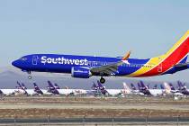 A Southwest Airlines Boeing 737 Max aircraft lands at Victorville, Calif., on March 23, 2019. S ...