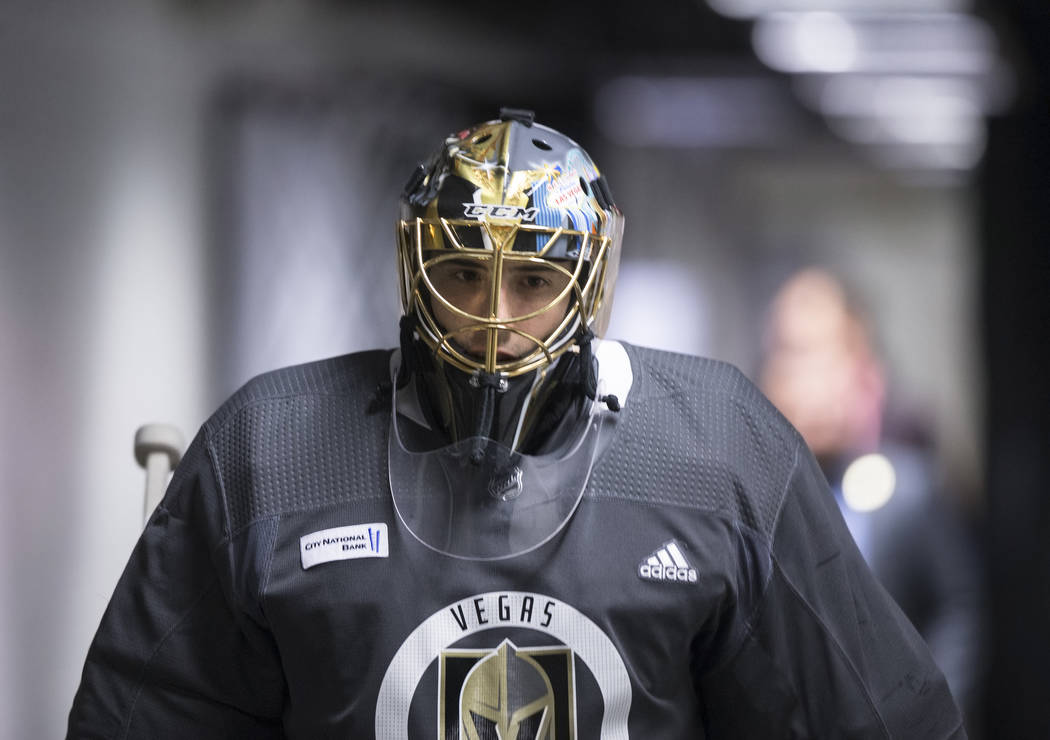 Golden Knights goaltender Marc-Andre Fleury (29) walks out of the locker room before the start ...