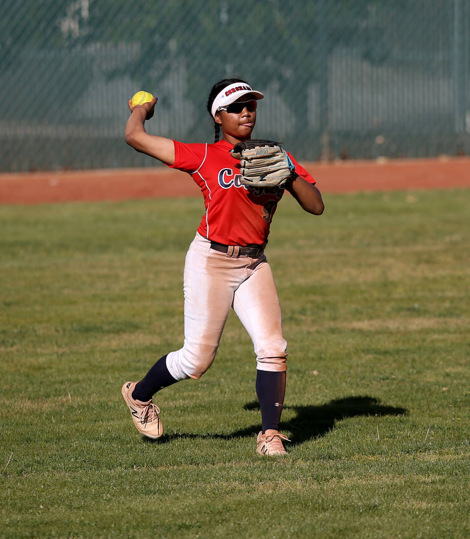 Coronado's Kaila Angel (9) throws in from center field during a softball game against Basic at ...