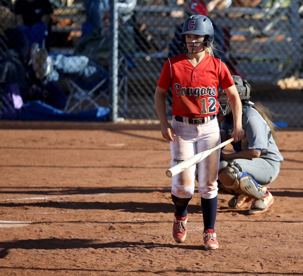 Coronado shortstop Paige Sinicki (12) gets ready to bat during a softball game against Basic at ...