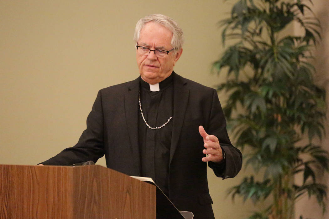 Bishop George Leo Thomas speaks during a press conference at the Catholic Diocese of Las Vegas ...