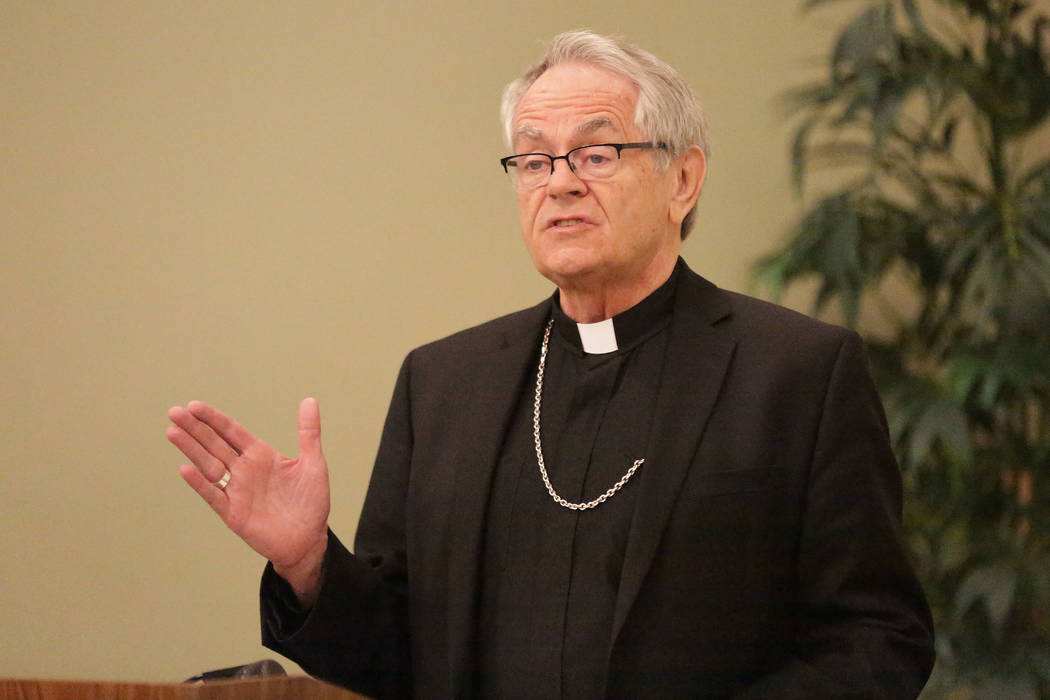 Bishop George Leo Thomas speaks during a news conference at the Catholic Diocese of Las Vegas o ...