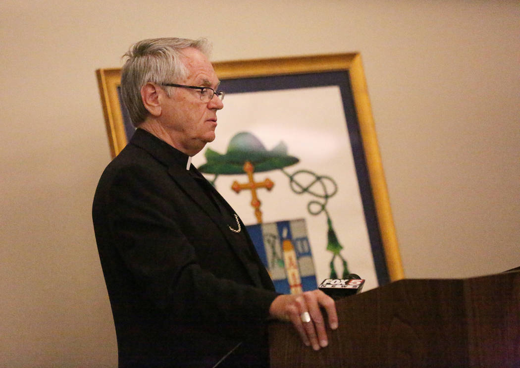 Bishop George Leo Thomas speaks during a news conference at the Catholic Diocese of Las Vegas o ...