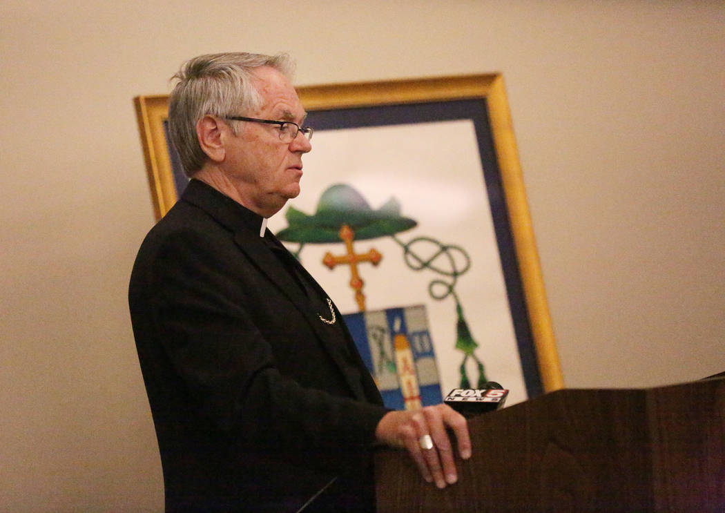 Bishop George Leo Thomas speaks during a press conference at the Catholic Diocese of Las Vegas ...