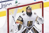 Golden Knights goaltender Marc-Andre Fleury (29) makes a save in the third period during game t ...