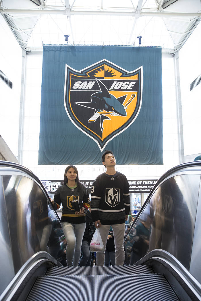 Golden Knights fans enter the SAP Center before the start of Game 2 of an NHL Western Conferenc ...