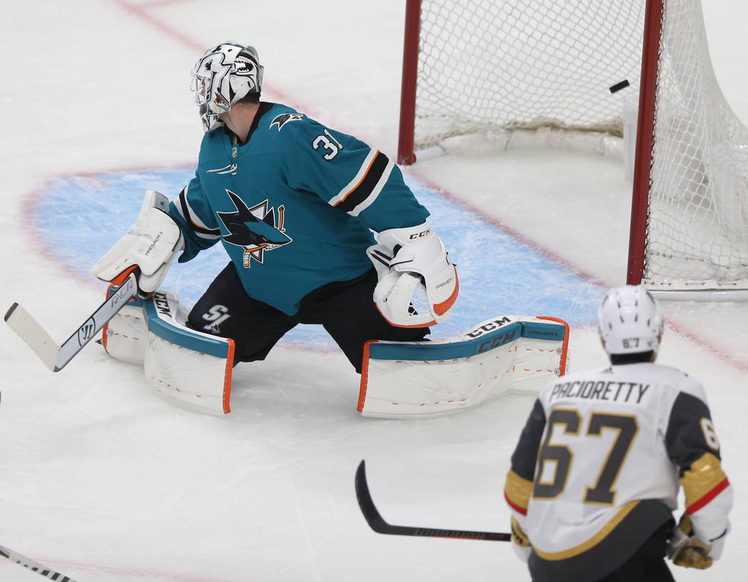 Golden Knights left wing Max Pacioretty (67) scores a goal in the first period against San Jose ...