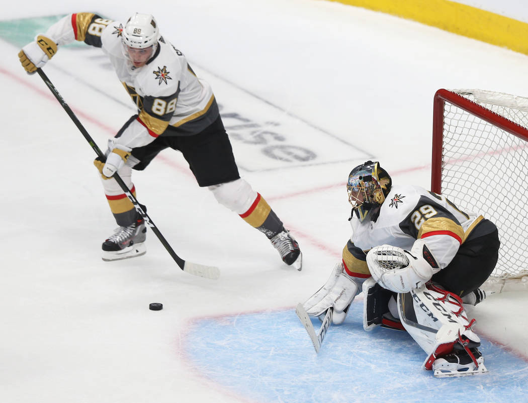 Golden Knights goaltender Marc-Andre Fleury (29) makes a save in the second period during Game ...