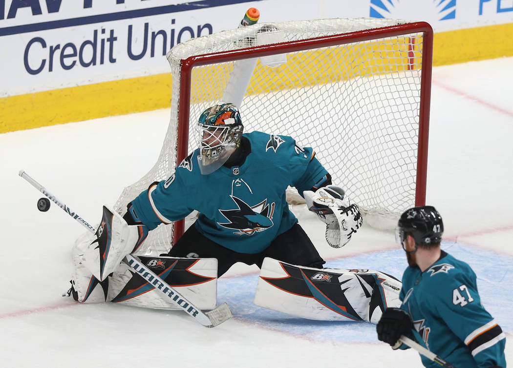 San Jose Sharks goaltender Aaron Dell (30) makes a save in the second period during game two of ...