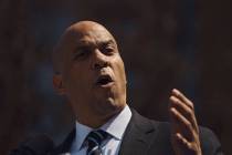 Democratic presidential candidate Sen. Cory Booker, D-N.J. talks to the crowd during a hometown ...