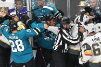 San Jose Sharks right wing Timo Meier (28) and left wing Evander Kane (9) fight with Golden Kni ...