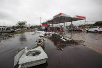 A gas station is damaged following severe weather, Saturday, April 13, 2019 in Vicksburg, Miss. ...
