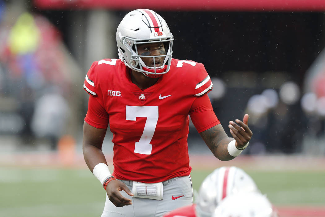 In this Sept. 8, 2018 photo Ohio State quarterback Dwayne Haskins plays against Rutgers during ...