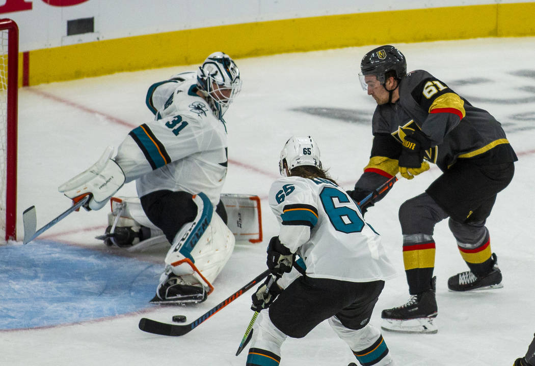 Golden Knights right wing Mark Stone (61) scores his third goal of the night on San Jose Sharks ...