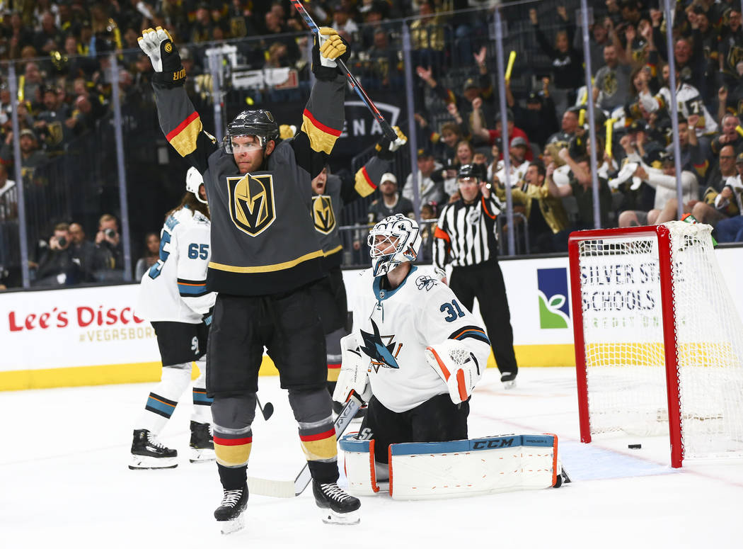 Golden Knights center Paul Stastny celebrates a goal by Golden Knights left wing Max Pacioretty ...