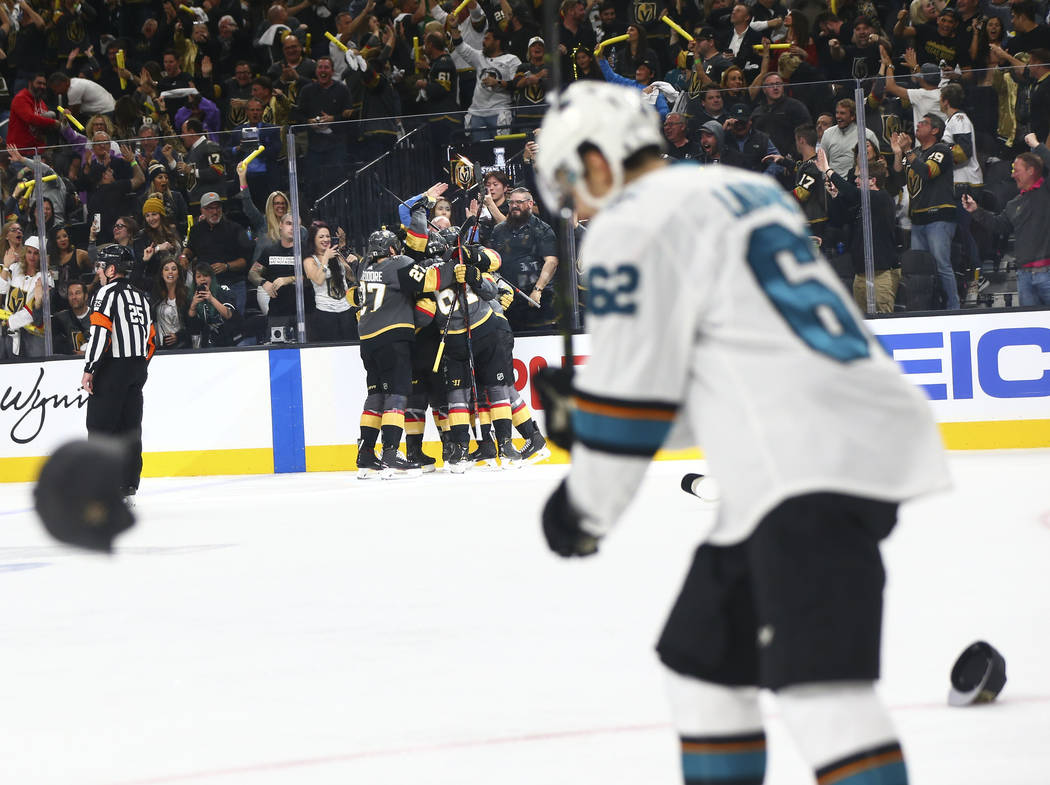 Hats are thrown onto the ice as the Golden Knights celebrate a hat trick by right wing Mark Sto ...