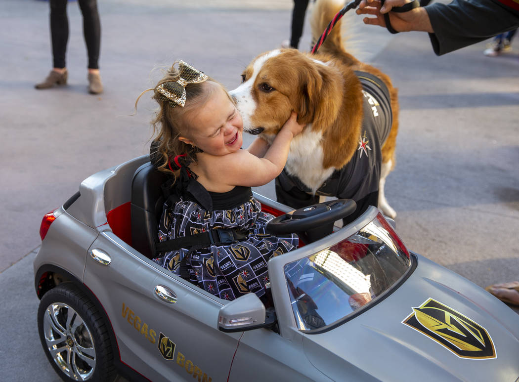 Azlynn Opipari, 2, aka the "Golden Knights Princess" gets a kiss from Nash Vegas befo ...