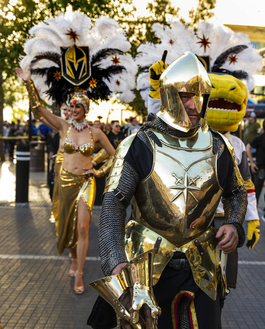 The Golden Knight leads the parade into the plaza before the start of Game 3 of an NHL Western ...