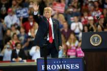 President Donald Trump waves to the crowd after speaking at a campaign rally, Wednesday, June 2 ...
