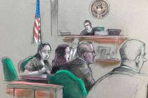 In this artist sketch, a Chinese woman, Yujing Zhang, left, listens to a hearing Monday, April ...