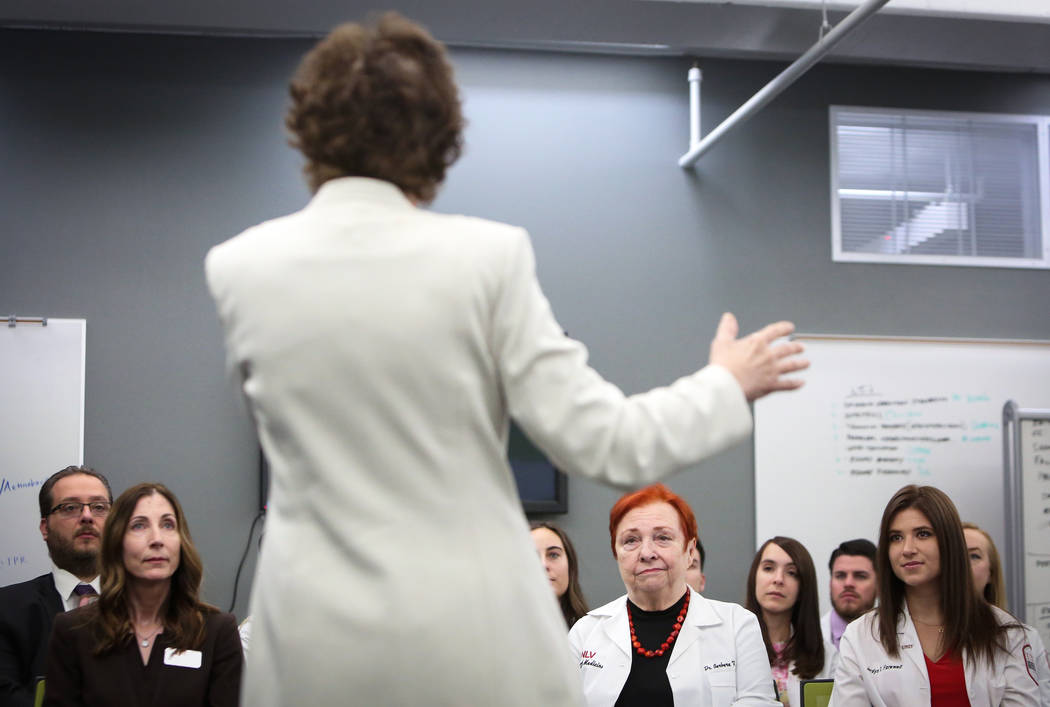 Sen. Jacky Rosen, D-Nev., speaks to a room of students and faculty members as she visits the UN ...