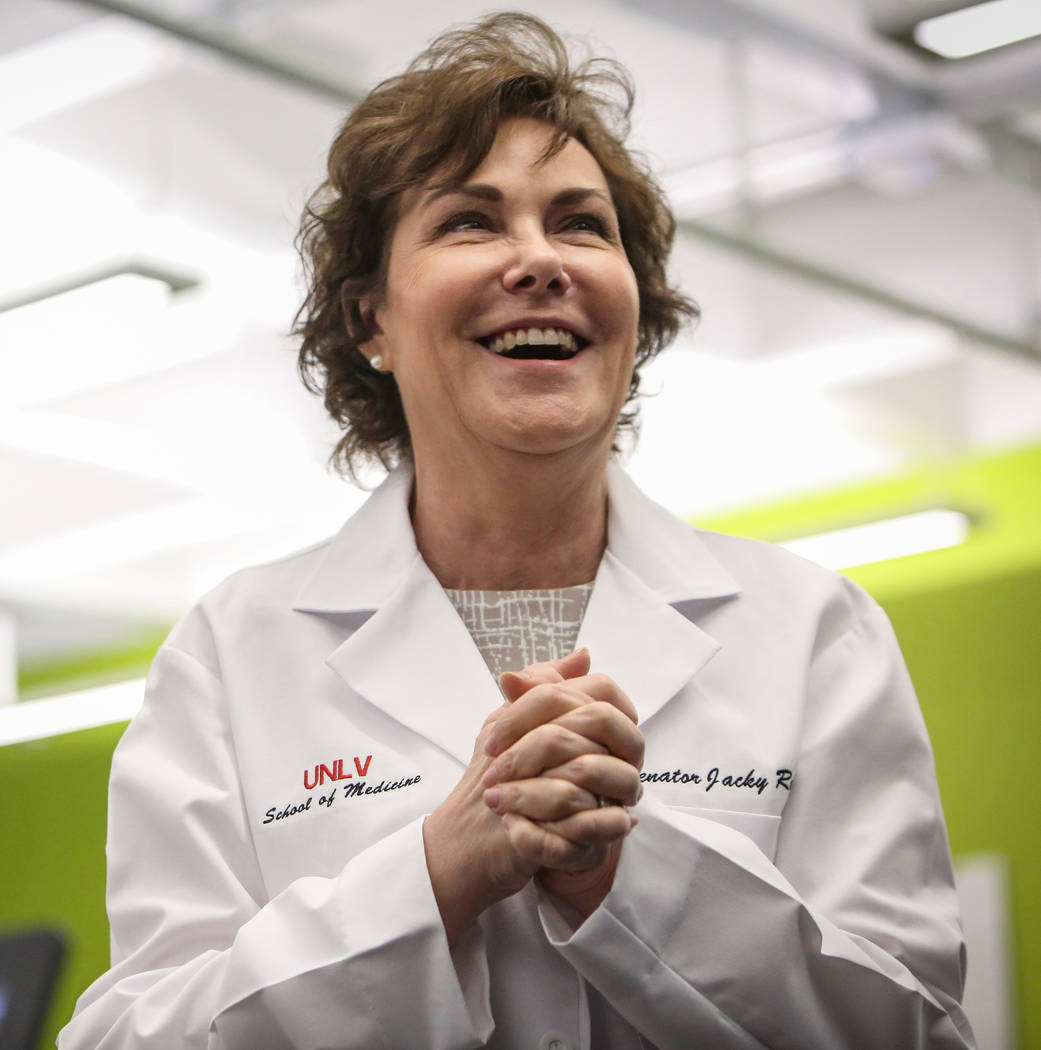 Sen. Jacky Rosen, D-Nev., laughs during a visit to the UNLV School of Medicine in Las Vegas, Mo ...