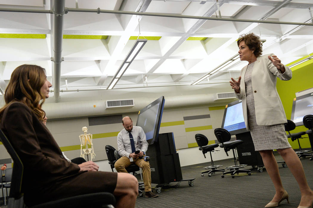 Sen. Jacky Rosen, D-Nev., speaks to a room of students and faculty members as she visits the UN ...