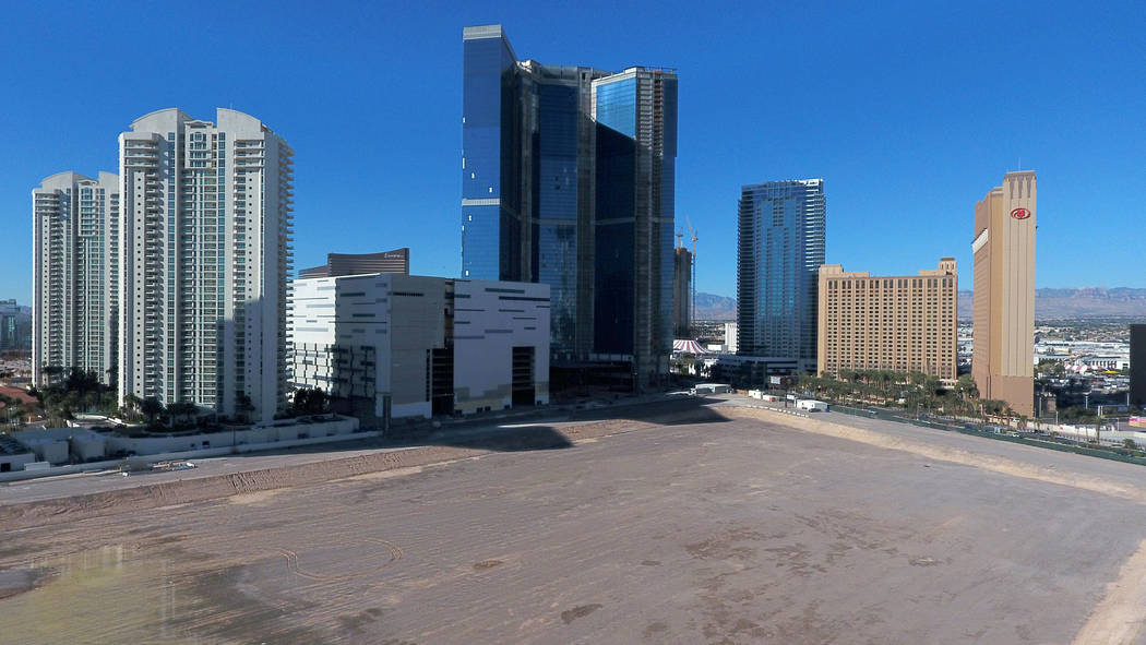 The Drew Las Vegas, center, formerly the Fontainebleau, stands on the edge of property slated t ...