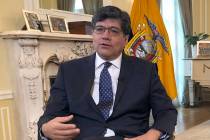 Ecuadorean Foreign Minister Jose Valencia speaks during an interview with The Associated Press ...