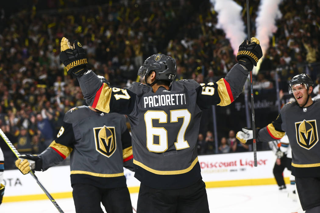 Golden Knights left wing Max Pacioretty (67) celebrates his goal against the San Jose Sharks du ...