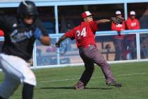 Arbor View's Jalen Haener (24) throws to first base for an out against Carson in the baseball g ...