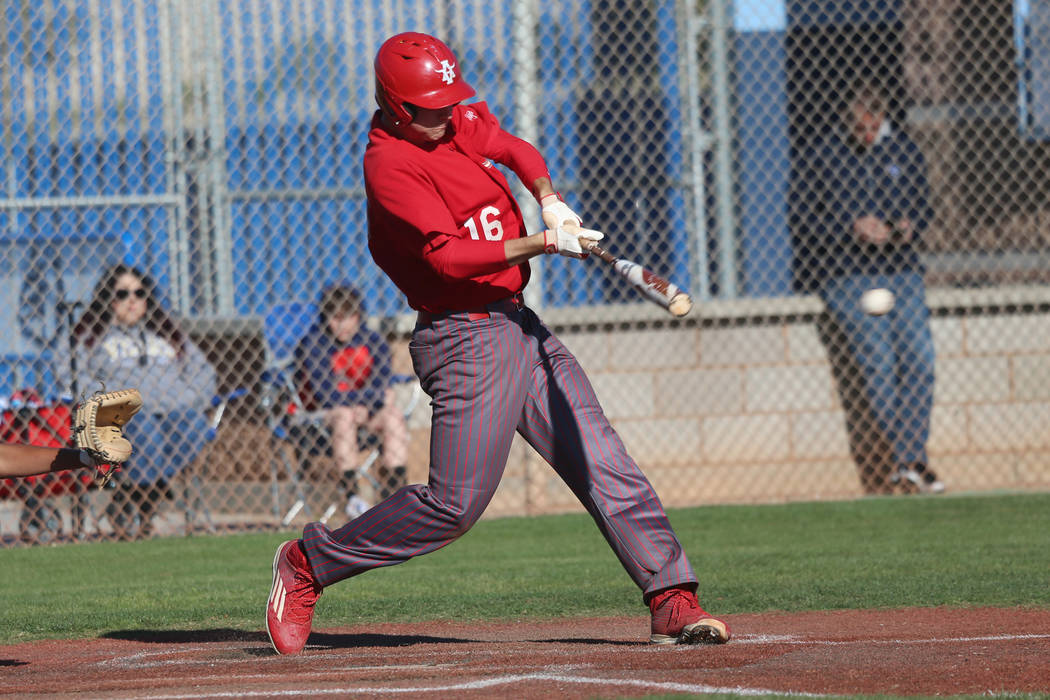 Arbor View's Jacob Scioli (16) connects for a single against Carson in the baseball game at Cen ...