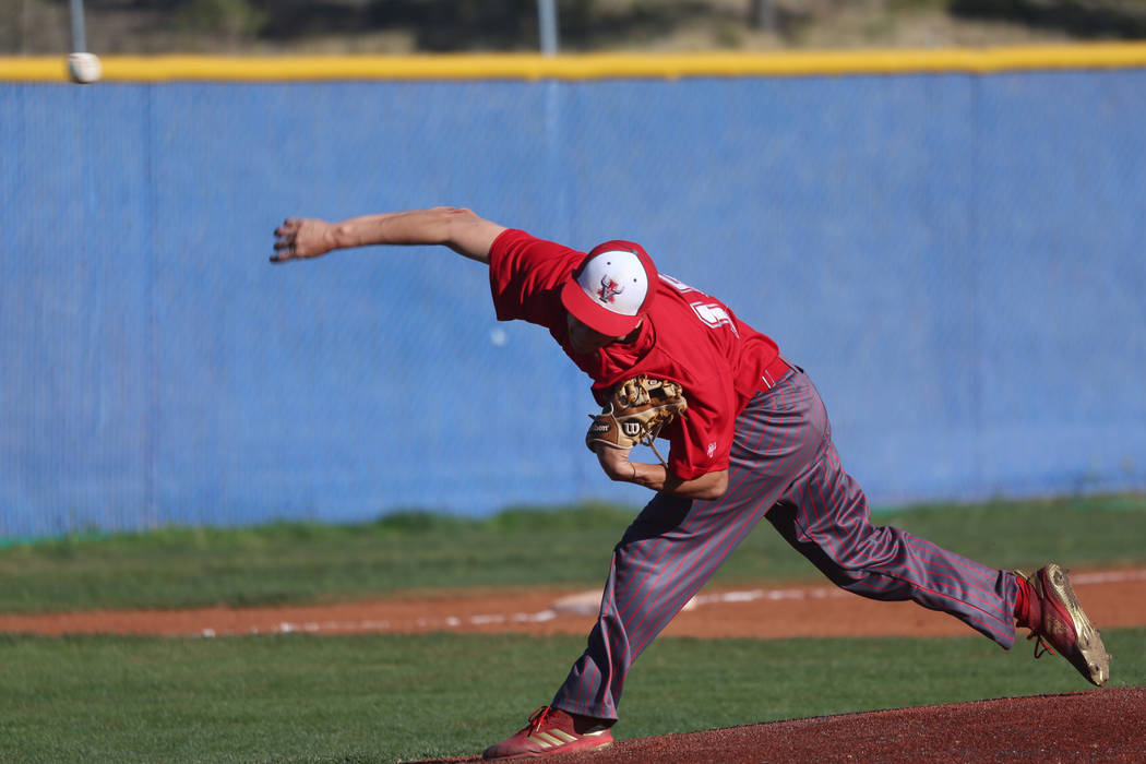 Arbor View's Steven Giatti (15) pitches against Carson in the baseball game at Centennial High ...