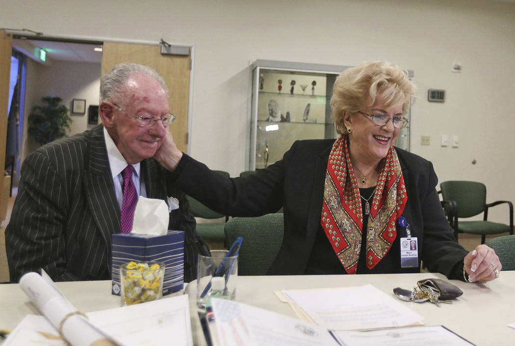 Mayor Carolyn Goodman files for her third term as mayor next to her husband Oscar Goodman at Ci ...