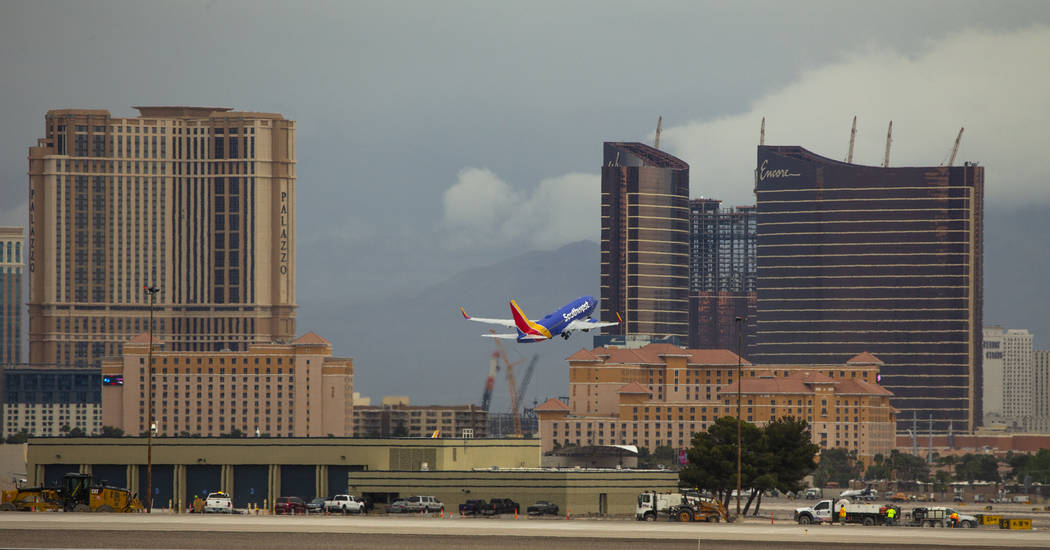 Planes takeoff and taxi at McCarran International Airport on Tuesday, April 16, 2019, in Las Ve ...