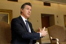Gov. Gavin Newsom speaks during an interview with The Associated Press, Monday, April 15, 2019, ...