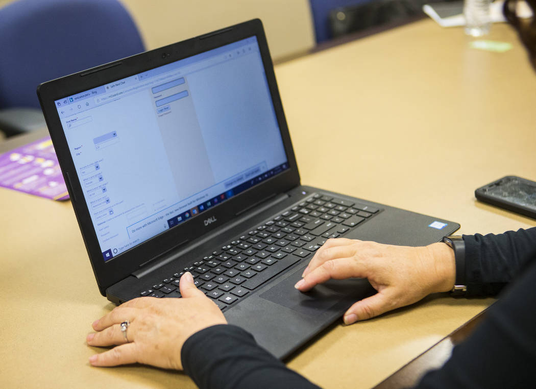 Jodi Pudwill, manager of the SafeNest hotline, demonstrates the online chat features that were ...