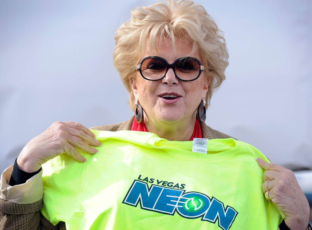 Las Vegas Mayor Carolyn Goodman displays a t-shirt during a news conference announcing Las Vega ...