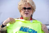 Las Vegas Mayor Carolyn Goodman displays a t-shirt during a news conference announcing Las Vega ...