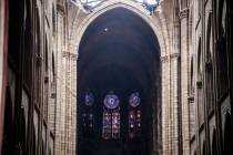 The glass windows are pictured inside the damaged Notre Dame cathedral in Paris, Tuesday, April ...