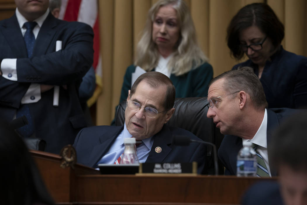 House Judiciary Committee Chair Jerrold Nadler, D-N.Y., joined at right by Ranking Member Doug ...