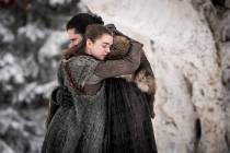 This image released by HBO shows Maisie Williams, left, and Kit Harington in a scene from &quot ...
