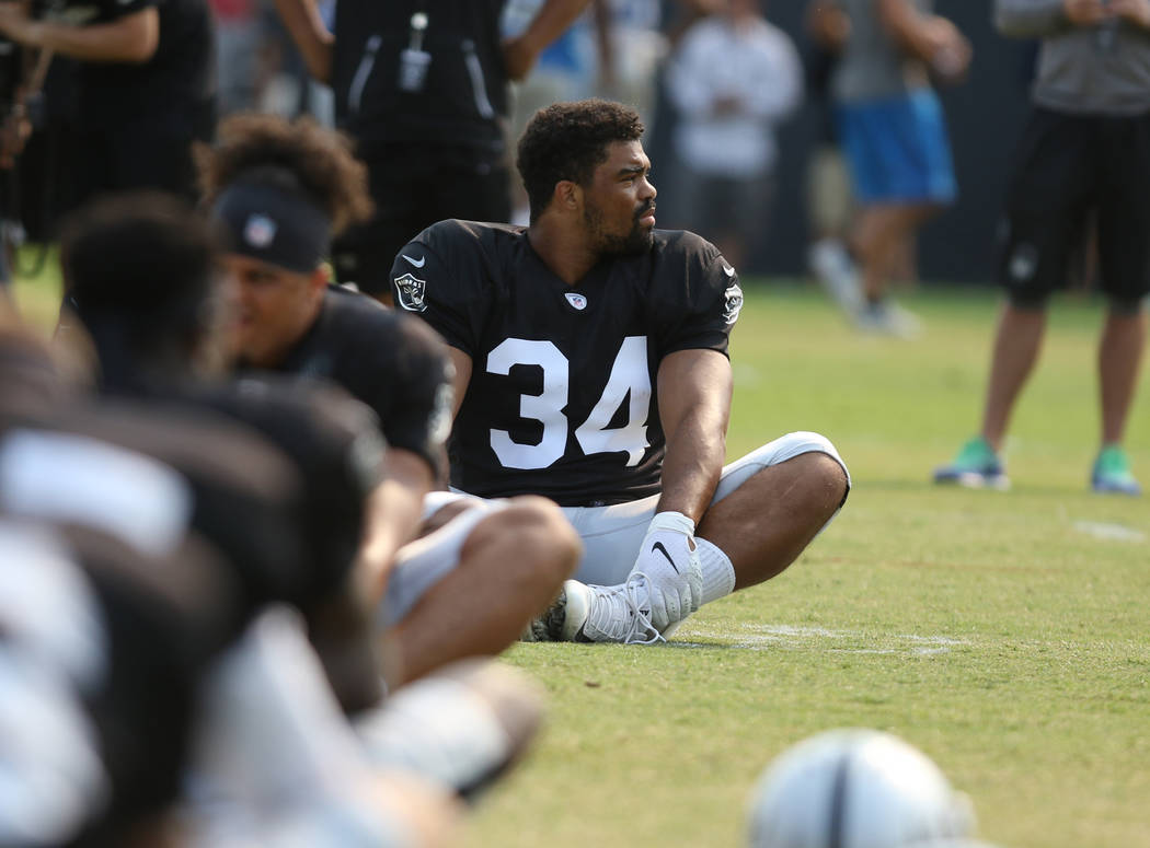 Oakland Raiders running back Chris Warren (34) stretches during warm ups at the team's NFL trai ...