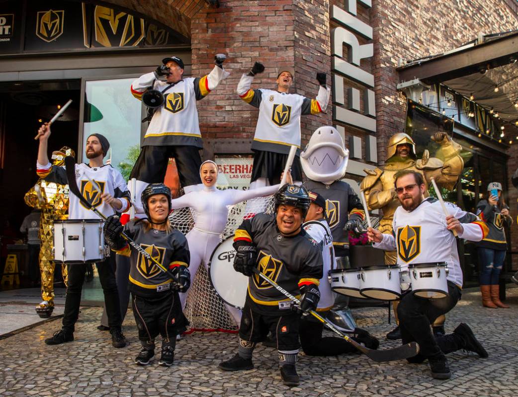 A wild collection of Vegas Golden Knights characters gather before the start of Game 4 of an NH ...