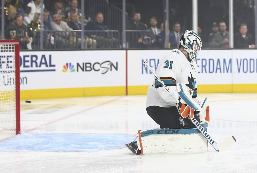 A shot from Golden Knights left wing Max Pacioretty, not pictured, flies by San Jose Sharks goa ...