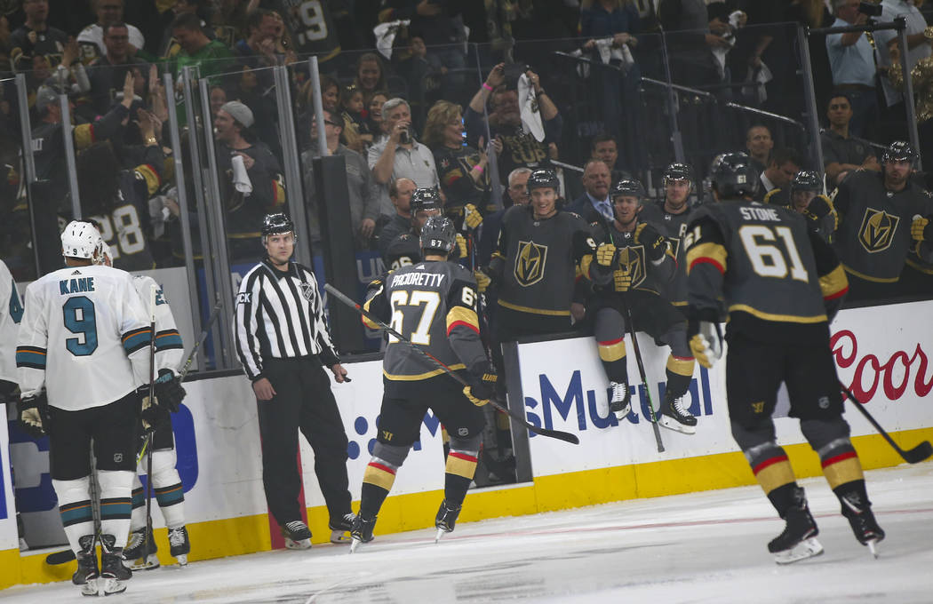 Golden Knights left wing Max Pacioretty (67) celebrates his goal against the San Jose Sharks du ...